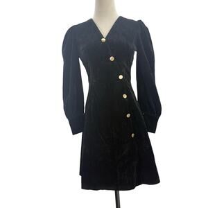 LEP Black Velvet Mini Dress Women's Medium Puff Sleeve Gold Button Back Zip Y2K